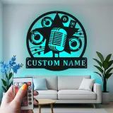 Cartel LED Personalizado de Micrófono | Arte Mural de Metal para Decoración de Estudio de Música | Placa de Nombre Personalizada para Músicos y Cantantes