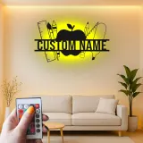 Cartel de nombre de profesor personalizado | Arte mural de metal LED en forma de manzana | Decoración de aula personalizada | Regalo de agradecimiento para profesores