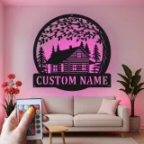 Cartel de metal personalizado con cabaña de troncos y luz LED, regalo de inauguración personalizado, decoración rústica para amantes de cabañas