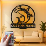 Cartel personalizado de tiburón martillo | Arte mural LED de metal personalizado | Decoración de depredador oceánico para cueva del hombre u oficina | Regalo para pescador