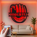 Insegna in metallo personalizzata con luce LED per guanto da baseball - Regalo personalizzato per appassionati di baseball e decorazione per stanze sportive