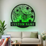 Personalisierte Bienen und Blumen LED Licht Metall-Wandkunst Geschenk für Naturliebhaber Gartenraum Dekor