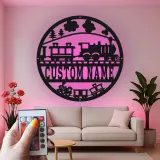 Décoration murale en métal personnalisée avec train en rétroéclairage - Cadeau pour enfants - Décor de chambre de bébé