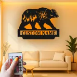 Custom Bear and Compass Led Light Metal Wall Art Personalized Gift for Nature Lovers Cabin or Lodge Decor