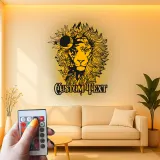 Lion Metal Wall Art with LED Light | Custom Floral Name Sign | Boho Celestial Wildlife Decor for Home & Office
