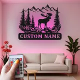 Custom Moose Mountain Scene Led Light Metal Wall Art Personalized Nature Gift for Outdoorsman Cabin Decor