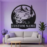 Custom Mountain Metal Wall Art | Personalized LED Name Sign with Floral Scene | Cabin Decor & Outdoor Lover Gift