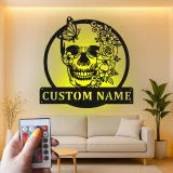 Floral Skull LED Metal Sign | Personalized Gothic Wall Art | Custom Name Decor for Bedroom, Studio & Living Room