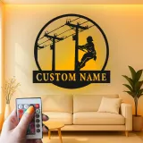 Lineman LED Metal Wall Art | Personalized Electrician Gift | Custom Name Sign for Industrial Decor, Man Cave | RGB Light Up Utility Pole