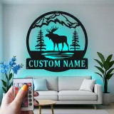 Cartel de metal personalizado con alce | Arte LED de fauna personalizado para cabaña y lodge | Regalo rústico para amantes de la naturaleza