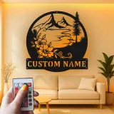Custom Mountain Metal Wall Art | Personalized LED Name Sign with Floral Scene | Cabin Decor & Outdoor Lover Gift