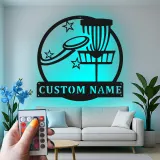 Insegna in metallo personalizzata con LED a forma di cestino per disc golf - Regalo per appassionati di disc golf - Decorazione per sala giochi 4