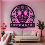 Custom Sugar Skull Metal Sign | Personalized LED Wall Art | Day of the Dead Decor | Gothic Home & Studio Accent Gift