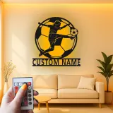 Cartel de metal personalizado de jugadora de fútbol femenino con luz LED, regalo personalizado de fútbol para atletas, decoración para sala de juegos