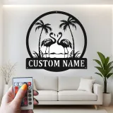 Cartel de metal LED de flamenco | Cartel tropical personalizado | Decoración de casa de playa y salón a medida | Luz de palmera costera