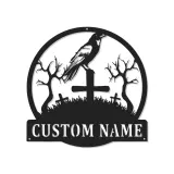 Insegna in metallo personalizzata con corvo su cimitero luce LED regalo di Halloween decorazione gotica per la casa