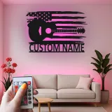 Insegna in metallo Chitarra e bandiera americana | Arte murale LED personalizzata per musicisti | Decorazione patriottica per casa e studio