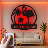 Cartel LED de flamenco personalizado | Arte mural de metal personalizado | Decoración tropical para patio y salón