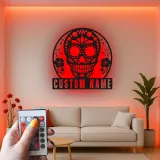 Personalized Sugar Skull Metal Sign | Custom Calavera LED Wall Art | Day of the Dead Decor | Gothic Floral Home Gift