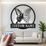 Décoration murale en métal personnalisée Papillon et Fleurs avec Rétroéclairage LED Cadeau pour Amateurs de Jardin Décor de Chambre ou de Patio