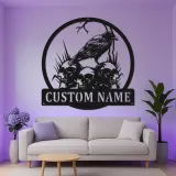 Plaque LED corbeau gothique personnalisée | Décoration murale crâne personnalisée | Décor corbeau spooky pour Halloween et la maison | Plaque prénom sur mesure