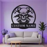 Panneau en métal personnalisé avec crâne de mécanicien | Décoration murale LED pour garage | Plaque de nom de l'atelier | Cadeau pour lui