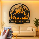 Cartel de metal LED personalizado de Bisonte y Montaña, regalo para amantes de la naturaleza, decoración rústica de cabaña 1