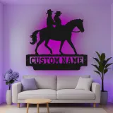Custom Cowboy Couple on Horse Led Light Metal Wall Art Western Gift for Couples Ranch Home Decor