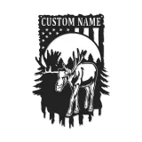 Arte Murale in Metallo Personalizzata con Alce | Insegna Faunistica LED per Decorazione Rustica | Regalo Personalizzato per Cacciatori con Bandiera Americana