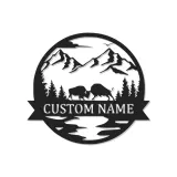 Cartel de metal personalizado con escena de montaña y bisonte iluminado LED, regalo para amantes de la naturaleza, decoración para cabañas o lodges