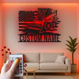 Skid Steer Loader Metalltafel | Personalisierte LED-Wandkunst | Individuelle Dekoration für Baumaschinen | Garage & Werkstatt-Schild mit USA-Flagge