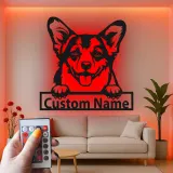 Décoration murale en métal LED personnalisée Corgi - Cadeau pour amoureux des chiens - Décor pour salon