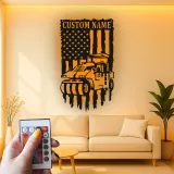 Road Roller Metal Wall Art | Personalized Construction LED Sign | American Flag Heavy Equipment Decor for Office or Garage