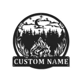 Personalisierte LED-Metall-Wandkunst mit Lagerfeuer und Waldmotiv – Geschenk für Outdoor-Liebhaber, Hüttendeko