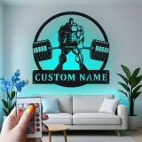 Insegna in metallo personalizzata con luce LED Bodybuilder Weightlifting regalo per appassionati di palestra decorazione per palestra