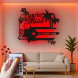 Panneau Métal LED Porto Rico Personnalisé | Art Murale Palmier des Caraïbes Personnalisé | Décor Boricua & Idée de Cadeau Insulaire