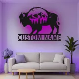 Cartel de metal personalizado con escena de montaña y bisonte iluminado LED, regalo para amantes de la naturaleza, decoración rústica para salas de estar