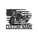 Custom Motorcycle Metal Sign | LED American Flag Wall Art | Personalized Biker Name Plate | Garage Decor for Men