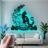 Décoration murale en métal personnalisée Chat et Fleurs avec rétroéclairage LED Cadeau pour amoureux des chats Décor de chambre ou de salon