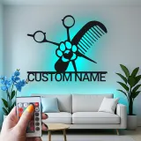 Personalized Pet Groomer Sign | Custom Metal LED Wall Art | Grooming Salon Decor with Name | Scissors & Comb Logo