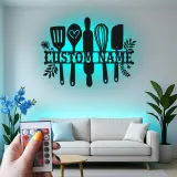 Custom Bakery Sign | LED Metal Kitchen Decor | Personalized Baking Utensils Wall Art | Unique Chef Gift