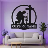 Kneeling Soldier Memorial Sign | Personalized LED Metal Wall Art | Custom Military Tribute Gift for Veterans