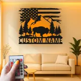 Custom Bison and Mountains Led Light Metal Wall Art Personalized Nature Lover Gift Rustic Cabin Decor