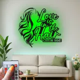 Custom Hairstylist LED Sign | Personalized Metal Wall Art for Salon Decor | Love is in the Hair Light Up Nameplate
