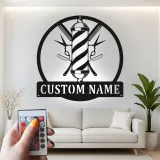 Décoration murale en métal personnalisée avec rétroéclairage LED en forme de poteau de barbier - Cadeau pour salon ou barbier
