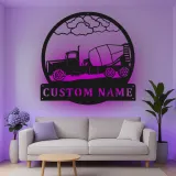 Décoration murale en métal personnalisée avec éclairage LED de camion de bétonnière - Cadeau de construction pour lui, décoration de garage ou d'atelier