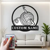 Custom Yarn and Crochet Hook Led Light Metal Wall Art Knitting Gift for Crafters Craft Room Decor