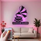 Arte Murale in Metallo LED con Gramofono | Regalo Personalizzato per Amante della Musica | Insegna con Nome Personalizzato per Decorazione Retro di Casa e Studio