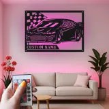 Personalized Race Car LED Sign | Custom Metal Wall Art for Garage | Gift for Car Enthusiast | Racing Decor