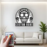 Personalized Sugar Skull Metal Sign | Custom Calavera LED Wall Art | Day of the Dead Decor | Gothic Floral Home Gift